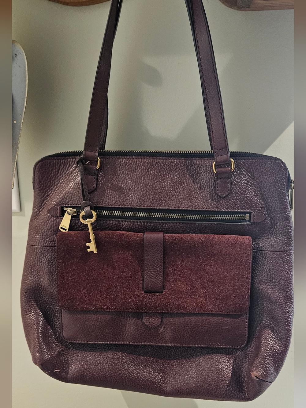 Fossil Plum Leather and Suede Tote with Key Charm